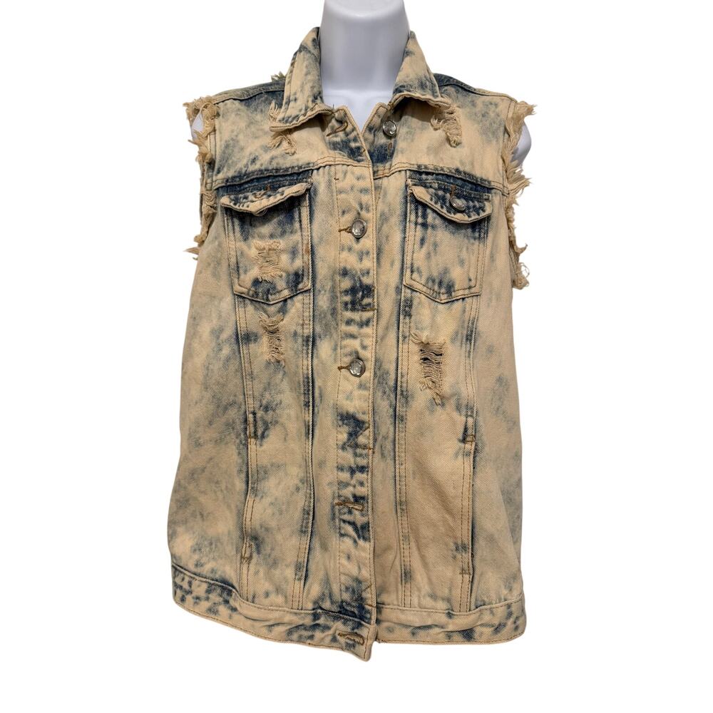 Acid Wash Distressed Denim Vest Blue Identity Womens Size M Rhinestone Grunge